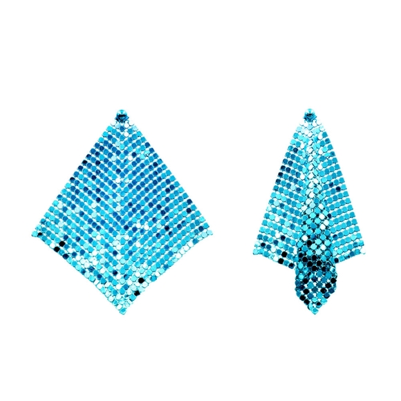 Blue Mesh Chain Dangle Earrings Drop Metal Cute Beautiful Statement Accessory - Picture 5 of 8